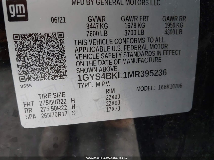 2021 Cadillac Escalade 4Wd Premium Luxury VIN: 1GYS4BKL1MR395236 Lot: 44533419