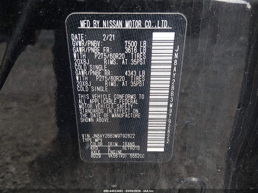 2021 Nissan Armada Sl 4Wd VIN: JN8AY2BB3M9792822 Lot: 44533452