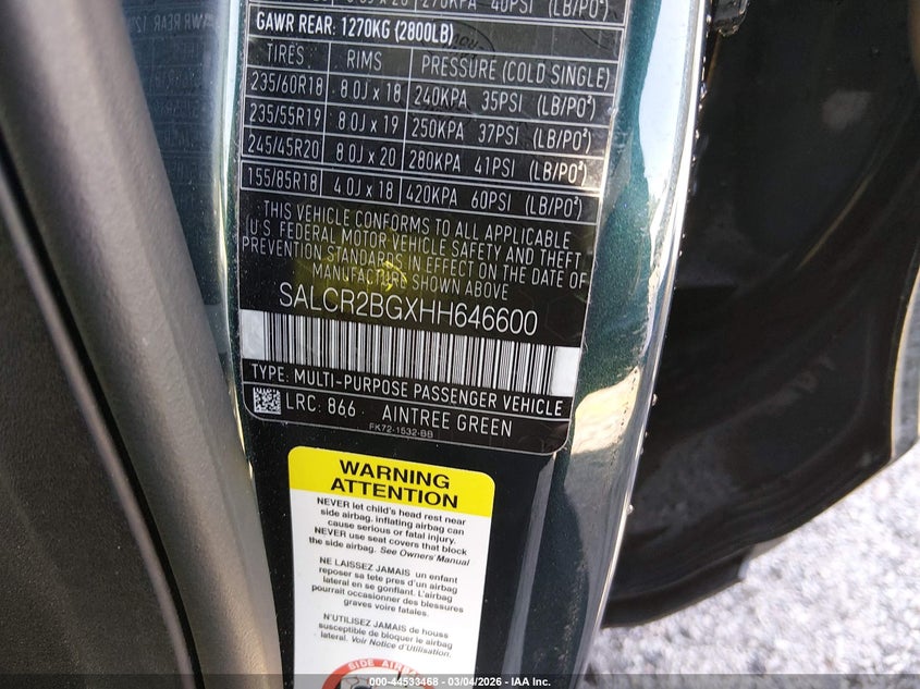 2017 Land Rover Discovery Sport Hse VIN: SALCR2BGXHH646600 Lot: 44533468