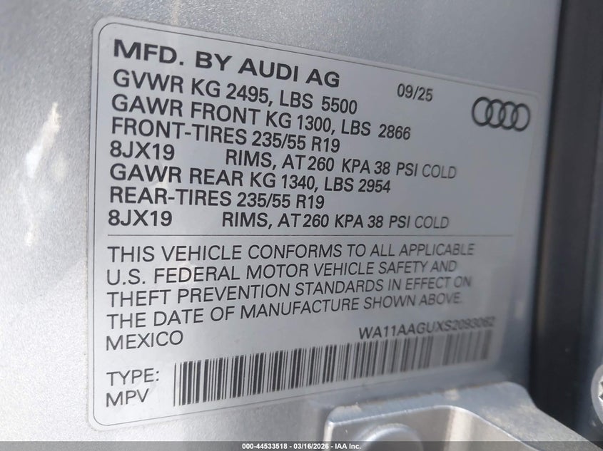 VIN WA11AAGUXS2093062 2025 AUDI ALL-NEW Q5 PREMIUM TFSI QUATTRO S TRONIC