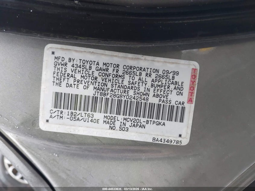 2000 Lexus Es 300 VIN: JT8BF28G8Y0242548 Lot: 44533635