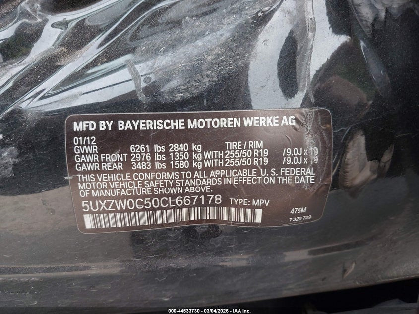 2012 BMW X5 xDrive35D VIN: 5UXZW0C50CL667178 Lot: 44533730