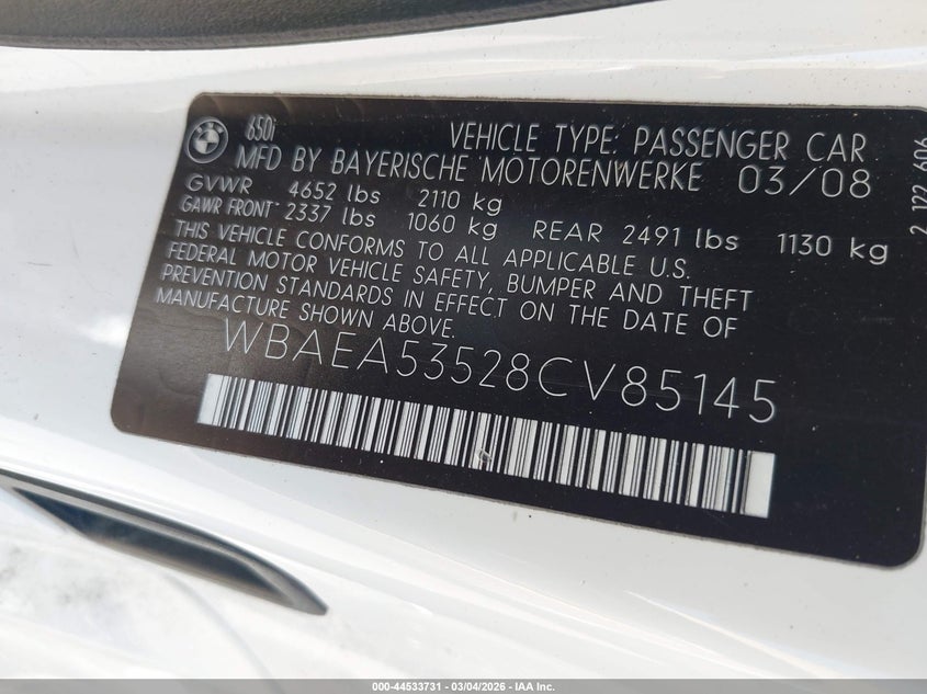 2008 BMW 650I VIN: WBAEA53528CV85145 Lot: 44533731