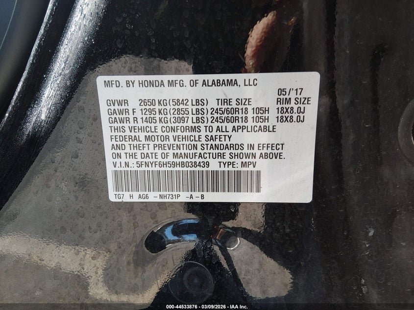 2017 Honda Pilot Ex-L VIN: 5FNYF6H59HB038439 Lot: 44533876