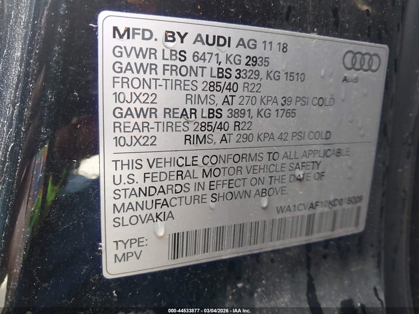 2019 Audi Q8 55 Premium VIN: WA1CVAF10KD015009 Lot: 44533877