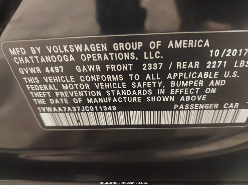 2018 Volkswagen Passat 2.0T R-Line/2.0T S VIN: 1VWAA7A37JC011349 Lot: 44533986