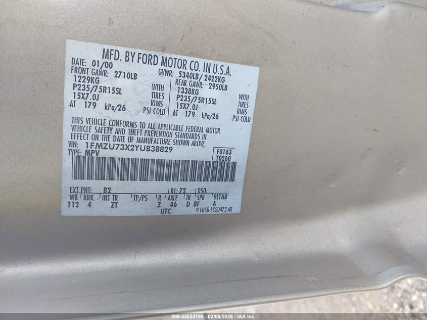 2000 Ford Explorer Xlt VIN: 1FMZU73X2YUB38829 Lot: 44534195