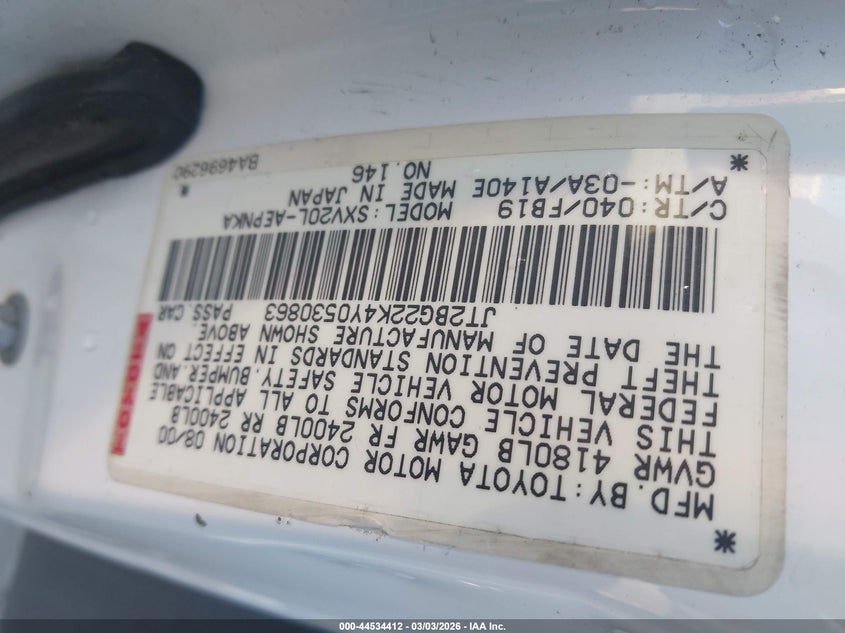 2000 Toyota Camry Le VIN: JT2BG22K4Y0530863 Lot: 44534412