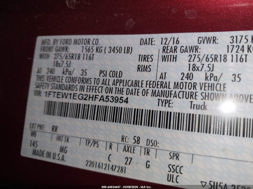 2017 Ford F-150 Xlt VIN: 1FTEW1EG2HFA53954 Lot: 44534447