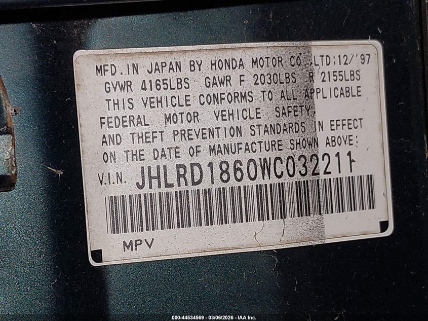 1998 Honda Cr-V Ex VIN: JHLRD1860WC032211 Lot: 44534569