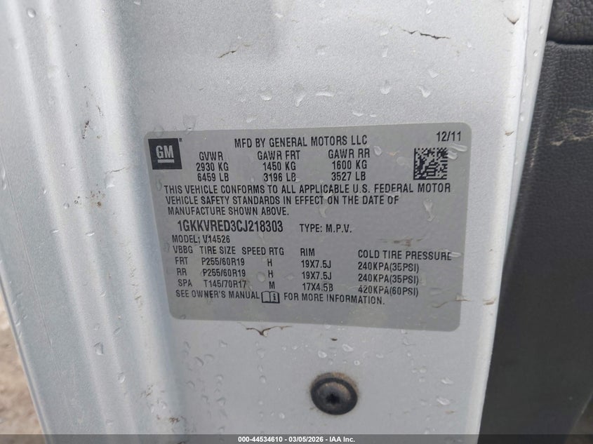 2012 GMC Acadia Slt-1 VIN: 1GKKVRED3CJ218303 Lot: 44534610