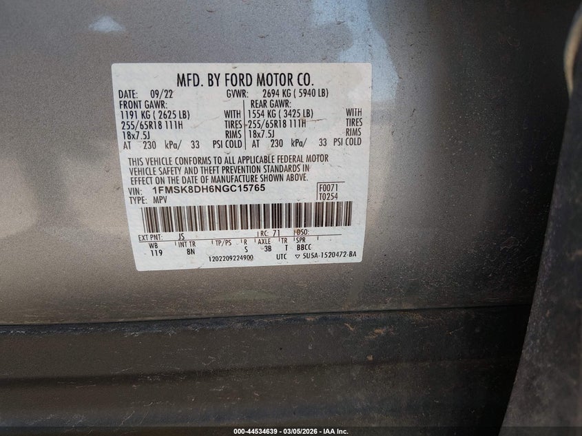VIN 1FMSK8DH6NGC15765 2022 FORD EXPLORER XLT