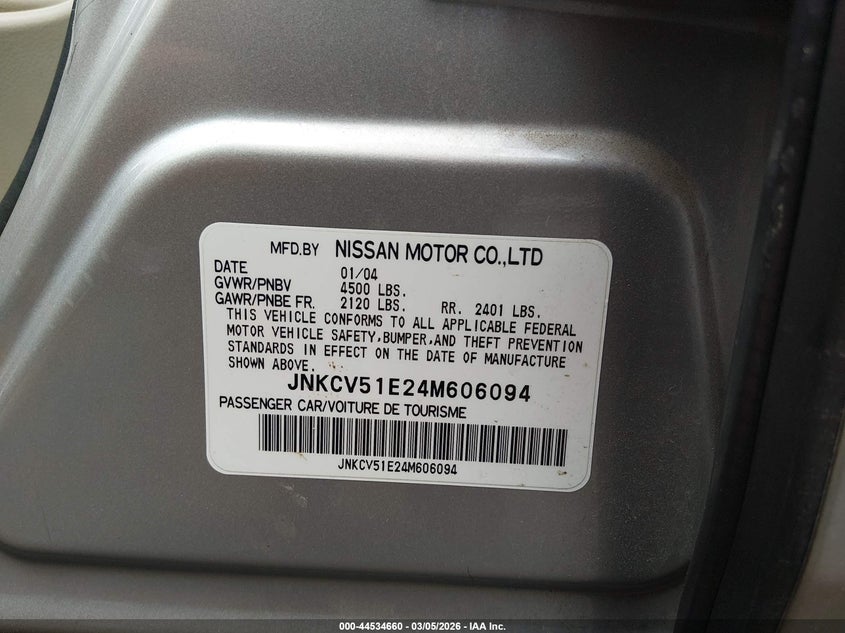 2004 Infiniti G35 VIN: JNKCV51E24M606094 Lot: 44534660