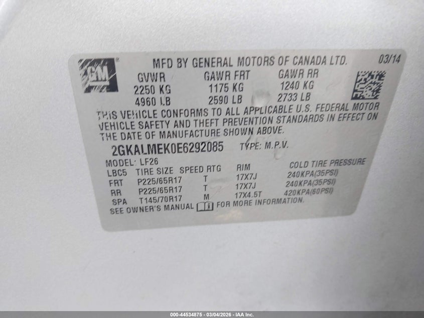 2014 GMC Terrain Sle-1 VIN: 2GKALMEK0E6292085 Lot: 44534875