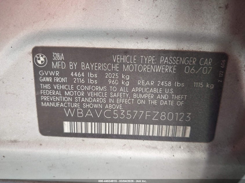 2007 BMW 328I VIN: WBAVC53577FZ80123 Lot: 44534915