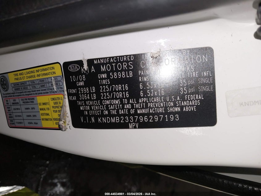 2009 Kia Sedona Lx VIN: KNDMB233796297193 Lot: 44534981