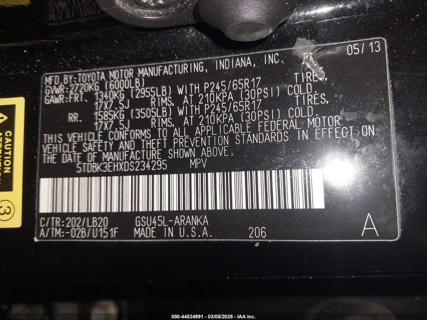 2013 Toyota Highlander Se V6 VIN: 5TDBK3EHXDS234295 Lot: 44534991