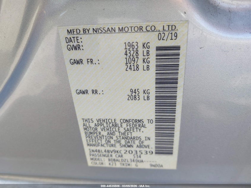 VIN 1N4BL4BV9KC203539 2019 NISSAN ALTIMA 2.5 S