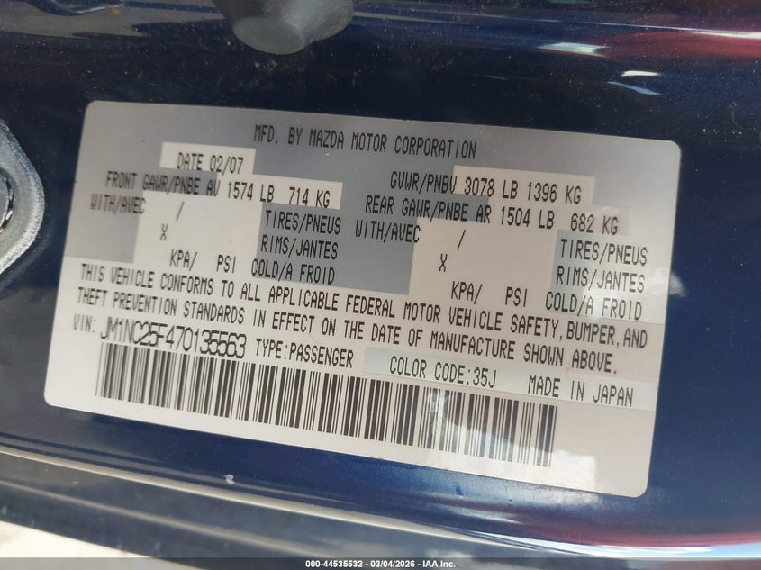 2007 Mazda Mx-5 Sport VIN: JM1NC25F470135563 Lot: 44535532