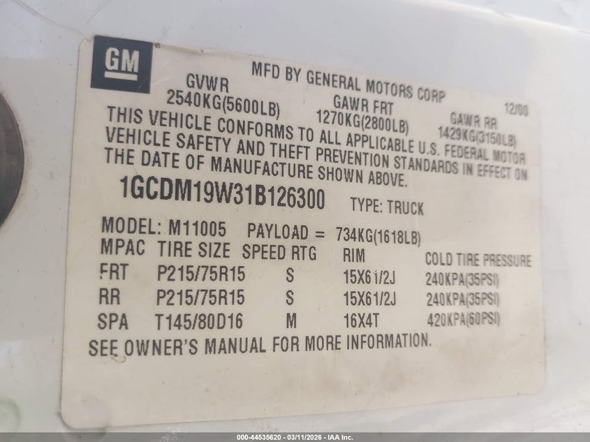 2001 Chevrolet Astro VIN: 1GCDM19W31B126300 Lot: 44535620