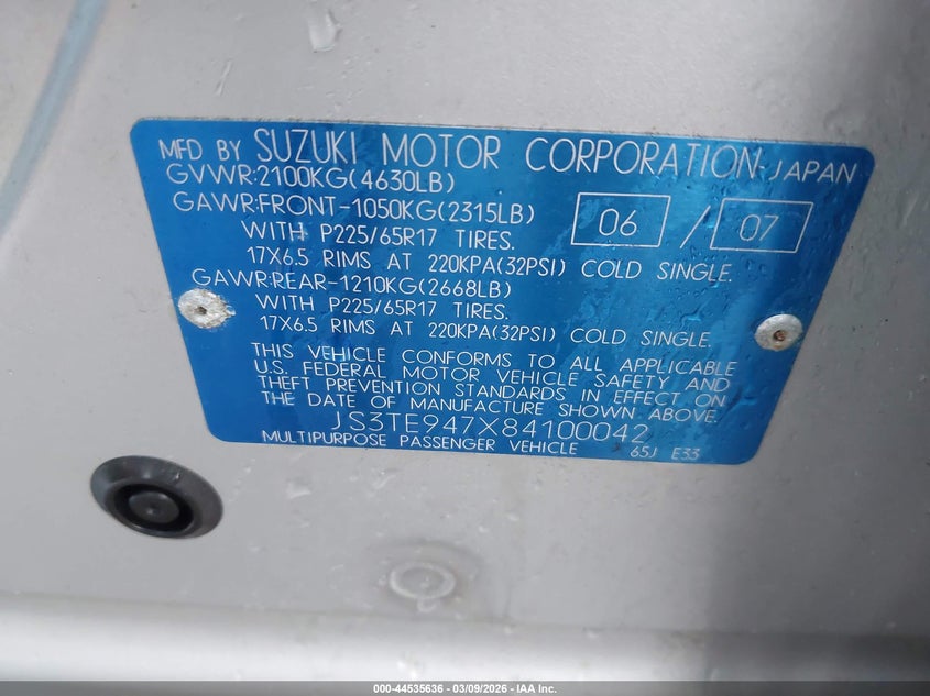 2008 Suzuki Grand Vitara Luxury VIN: JS3TE947X84100042 Lot: 44535636