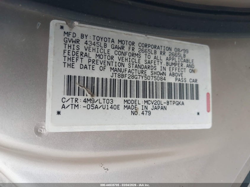 2000 Lexus Es 300 VIN: JT8BF28G7Y5075084 Lot: 44535705