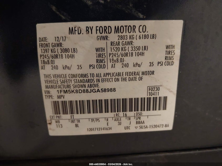 2018 Ford Explorer Xlt VIN: 1FM5K8D88JGA58988 Lot: 44535954