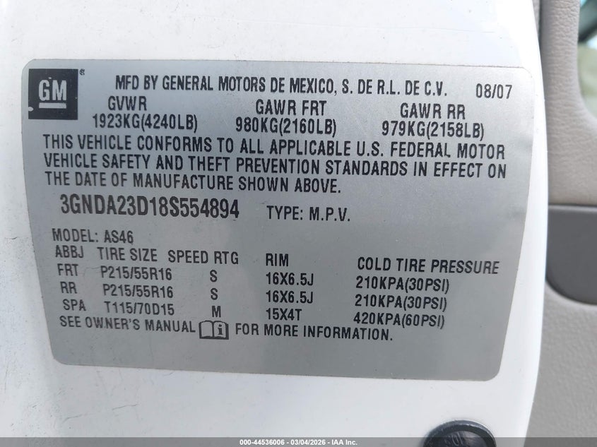 2008 Chevrolet Hhr Lt VIN: 3GNDA23D18S554894 Lot: 44536006