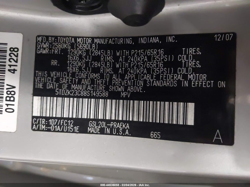 2008 Toyota Sienna Le VIN: 5TDZK23C88S149588 Lot: 44536058