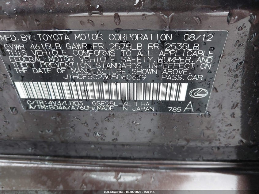 JTHCF5C23C5060639 2012 Lexus Is 2.5 Is 250 black
