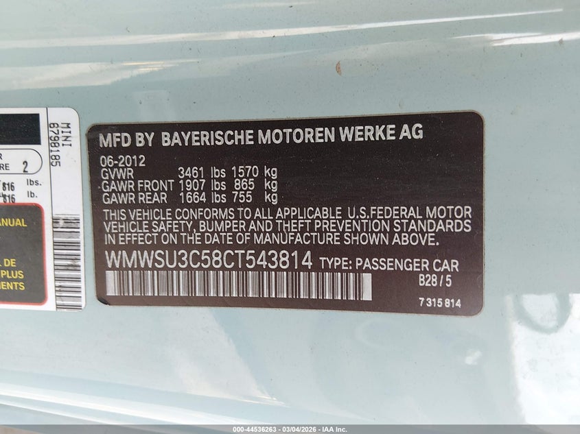 2012 Mini Cooper VIN: WMWSU3C58CT543814 Lot: 44536263