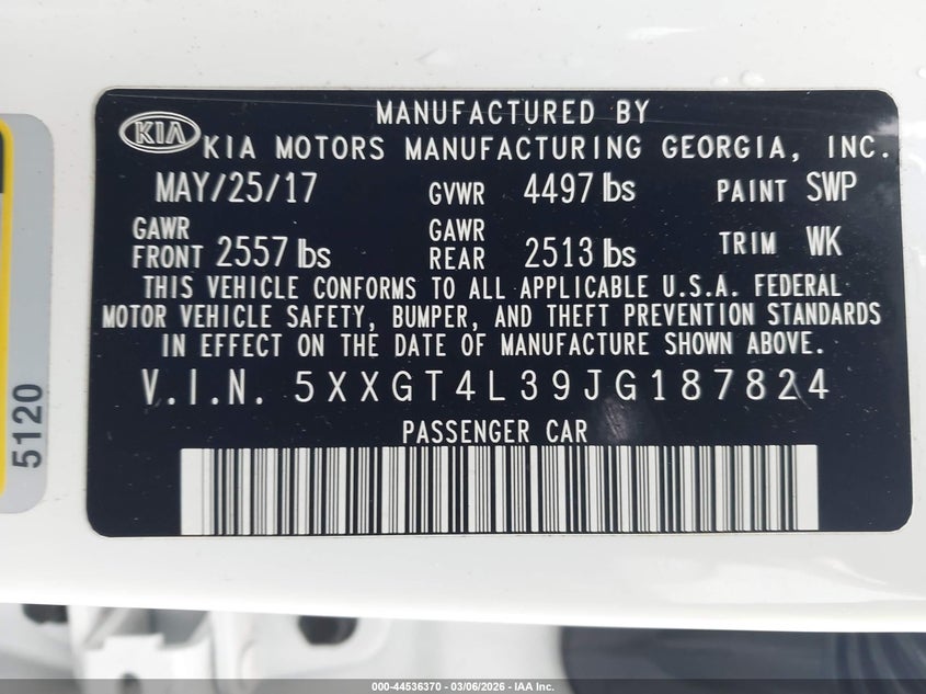 2018 Kia Optima Lx VIN: 5XXGT4L39JG187824 Lot: 44536370