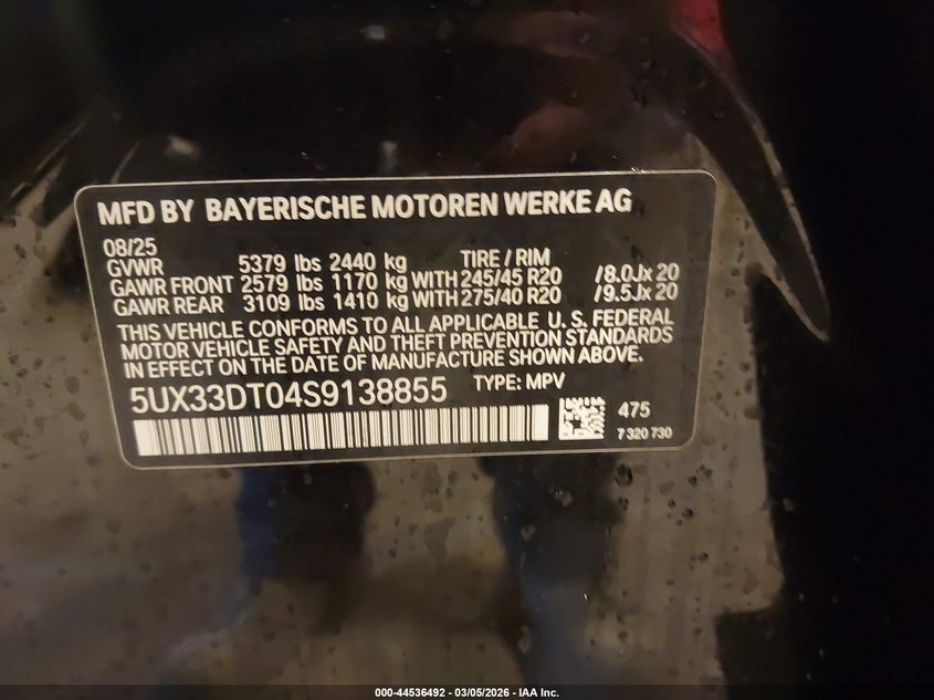 2025 BMW X4 xDrive30I VIN: 5UX33DT04S9138855 Lot: 44536492