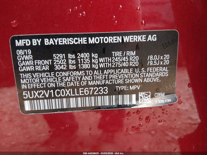 2020 BMW X4 xDrive30I VIN: 5UX2V1C0XLLE67233 Lot: 44536629