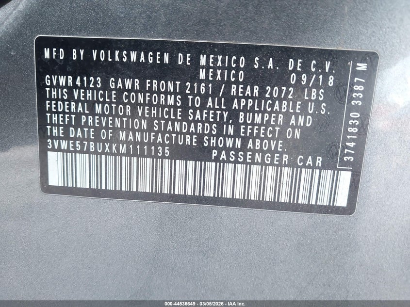 2019 Volkswagen Jetta 1.4T Sel VIN: 3VWE57BUXKM111135 Lot: 44536649