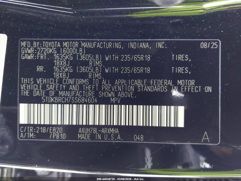 VIN 5TDKBRCH7SS684604 2025 TOYOTA HIGHLANDER HYBRID XLE