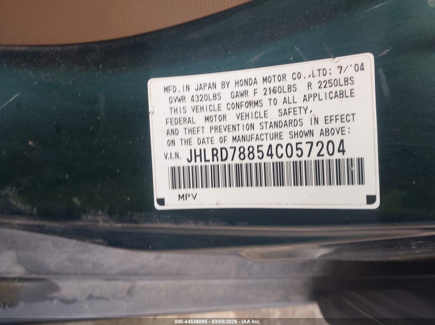 2004 Honda Cr-V Ex VIN: JHLRD78854C057204 Lot: 44536895