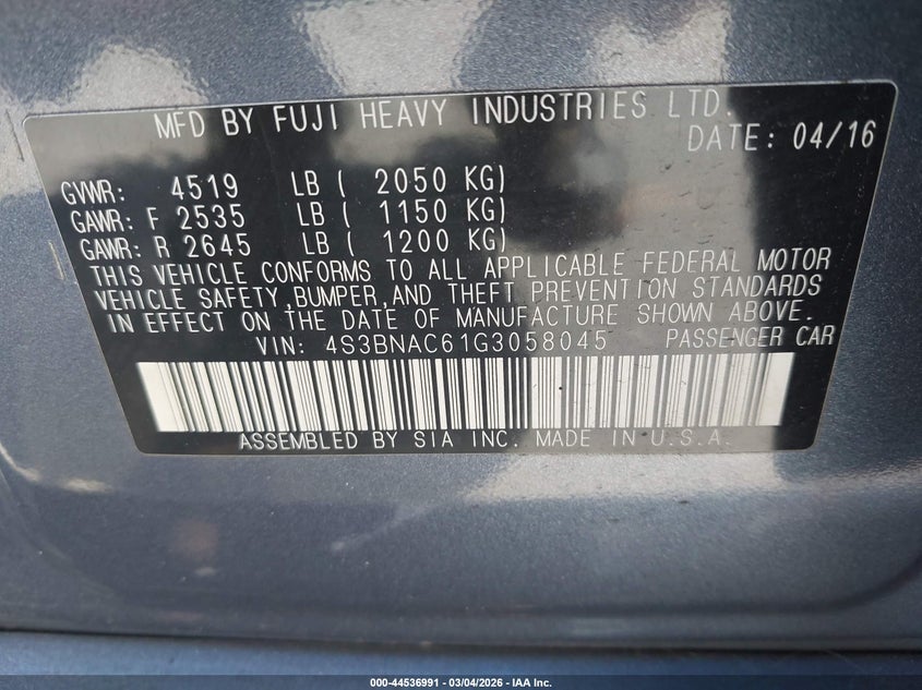 2016 Subaru Legacy 2.5I Premium VIN: 4S3BNAC61G3058045 Lot: 44536991