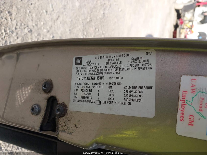 2002 GMC Sonoma Sls VIN: 1GTDT13W32K115102 Lot: 44537123