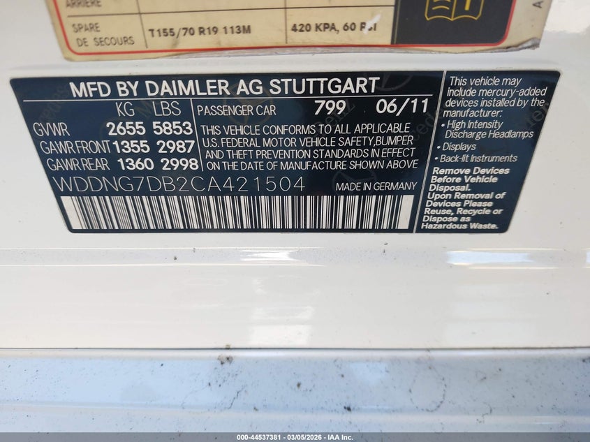 2012 Mercedes-Benz S 550 VIN: WDDNG7DB2CA421504 Lot: 44537381