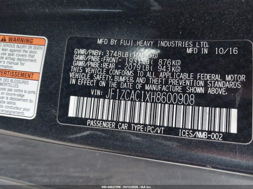 2017 Subaru Brz Limited VIN: JF1ZCAC1XH8600908 Lot: 44537399