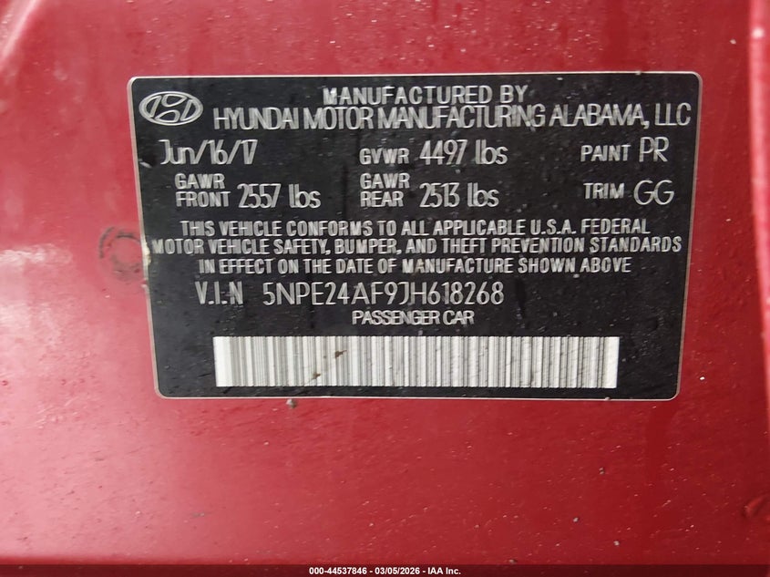 2018 Hyundai Sonata Se VIN: 5NPE24AF9JH618268 Lot: 44537846