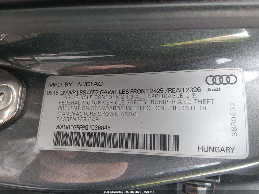 2016 Audi S3 2.0T Premium Plus VIN: WAUB1GFF9G1036846 Lot: 44537946