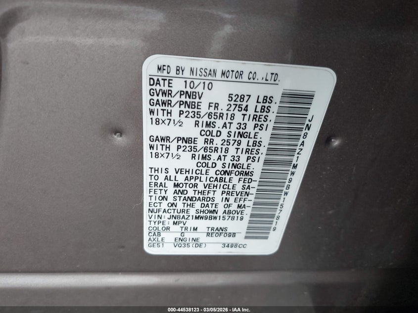 2011 Nissan Murano S VIN: JN8AZ1MW9BW157819 Lot: 44538123