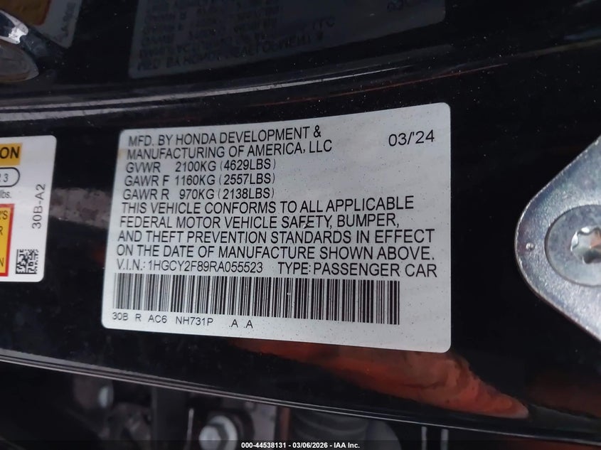 2024 HONDA ACCORD VIN: 1HGCY2F89RA055523