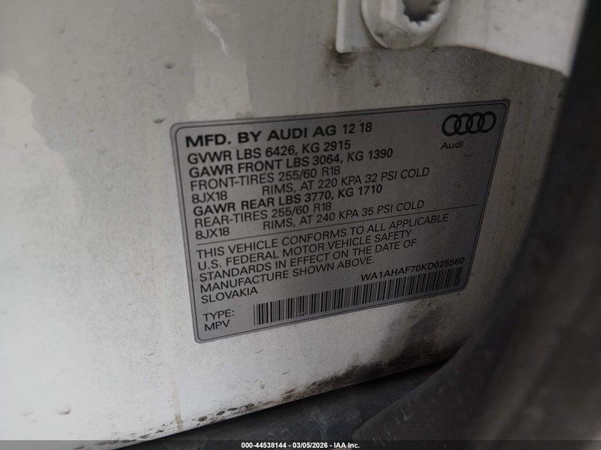 2019 Audi Q7 45 Premium/45 Se Premium VIN: WA1AHAF70KD025560 Lot: 44538144