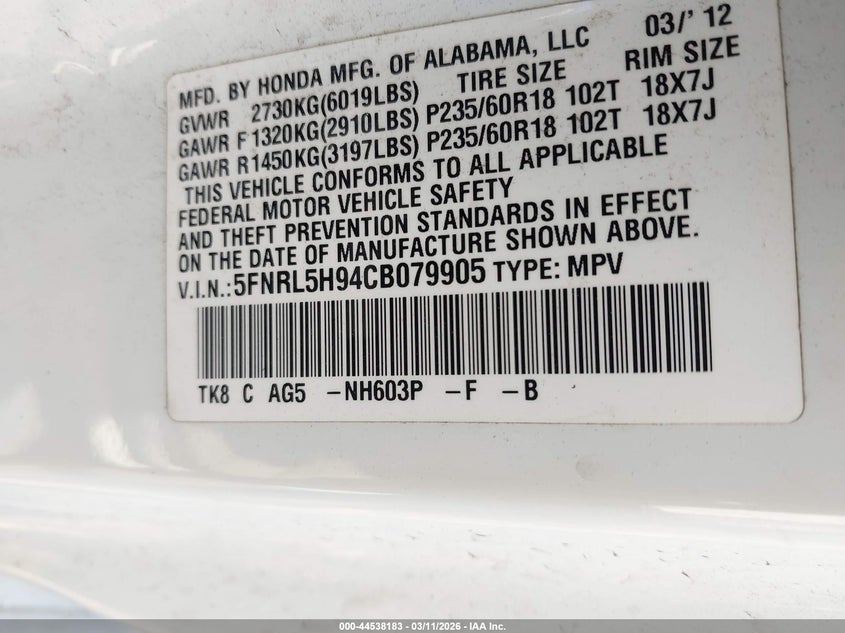 2012 Honda Odyssey 3.5 Touring/Touring Elite white Lot 111044538183 Vin 5FNRL5H94CB079905