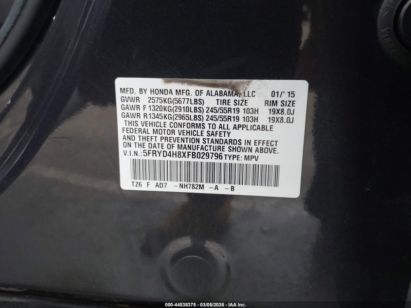 2015 Acura Mdx Advance Pkg W/Entertainment Pkg VIN: 5FRYD4H8XFB029796 Lot: 44538375