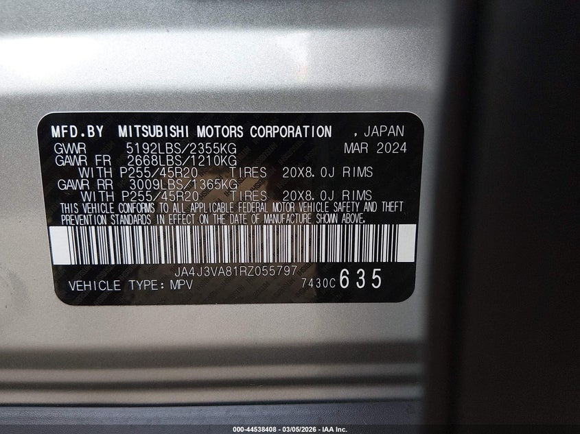 2024 Mitsubishi Outlander Se 2.5 2Wd/Se Black Edition S-Awc/Se Black Edition W/Pano Roof S-Awc VIN: JA4J3VA81RZ055797 Lot: 44538408