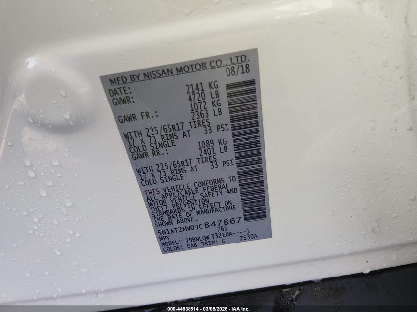 2018 Nissan Rogue Sv VIN: 5N1AT2MV0JC847867 Lot: 44538514